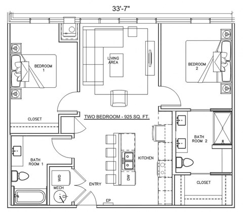 Floor plan for 2 beds, 2 baths, 975 sqft